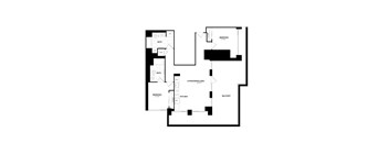 A black and white floor plan of a house with two bedrooms, a living area, a kitchen, and two bathrooms.
