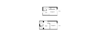 A floor plan of a two level home with a living and dining area on each level.