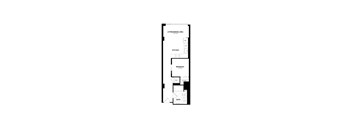 A floor plan of a small apartment with a living/dining area, kitchen, bedroom, and bathroom.