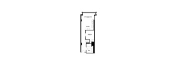 A floor plan of a small apartment with a living area, kitchen, and two bedrooms.