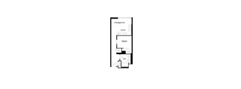A floor plan of a small apartment with a living/dining area, kitchen, bedroom, bathroom, and closet.