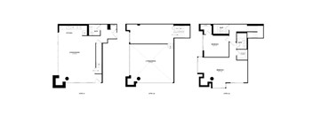 Three floor plans for a house with different layouts.