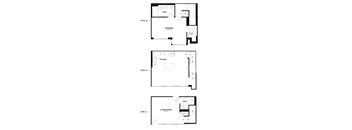 Three floor plans for a house with a bedroom, a kitchen, and a living area.