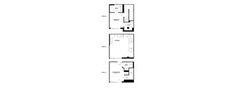 Three floor plans for a house with a bedroom, a kitchen, and a living/dining area.
