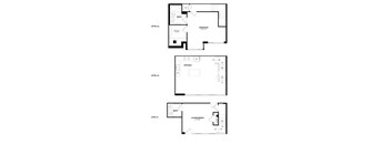 Three floor plans for a house with a bedroom, a kitchen, and a living/dining room.