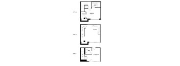 Three black and white floor plans for a house with a living room, dining room, kitchen, and bedrooms.