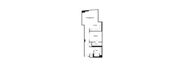 A black and white drawing of a house plan with a living/dining area, kitchen, and bedroom.