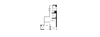 A floor plan of a home with a living area, dining area, kitchen, and bathroom.