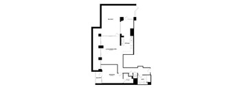 A black and white image of a house floor plan with a balcony, living/dining area, kitchen, bedroom, bath, and closet.
