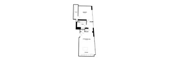 A floor plan of a house with a bedroom, bathroom, living room, and kitchen.