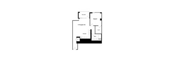 A black and white floor plan of a house with a balcony, bedroom, living/dining area, kitchen, and bathroom.
