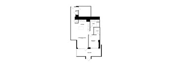 A black and white floor plan of a house with a kitchen, living room, dining area, bathroom, bedroom, and balcony.