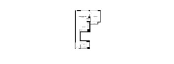 A floor plan of a house with a living area, bedroom, kitchen, bathroom, and closet.