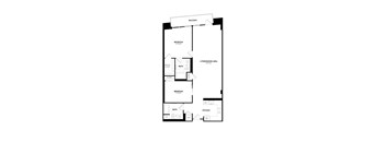 A floor plan of an apartment with two bedrooms, a living/dining area, a kitchen, and a balcony.