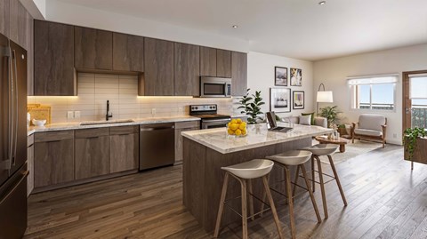 A modern kitchen with wooden cabinets and a central island.
