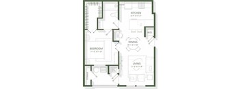 A floor plan of a house with a kitchen, dining room, living room, bedroom, and storage area.
