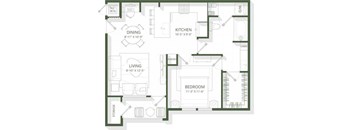 A floor plan of a house with a living room, dining room, kitchen, pantry, and bedroom.