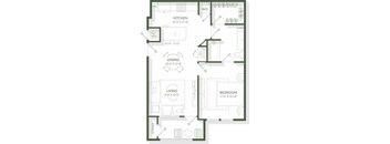 A floor plan of a house with a kitchen, dining room, living room, and bedroom.