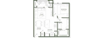 A floor plan of a small apartment with a living room, kitchen, dining room, and bedroom.