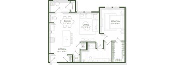 A floor plan of a house with a kitchen, living room, dining room, and bedroom.