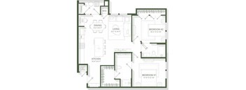 A floor plan of a house with a kitchen, two bedrooms, a dining area, and a living room.