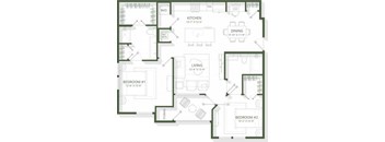 A floor plan of a house with a kitchen, dining area, living room, and two bedrooms.
