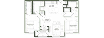 A floor plan of a house with a kitchen, dining room, living room, and two bedrooms.