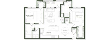 A floor plan of a house with two bedrooms, a living room, a kitchen, and a dining area.
