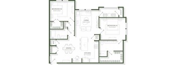 A floor plan of a house with two bedrooms, a living room, a kitchen, a dining area, and a garage.