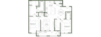A floor plan of a house with a kitchen, dining room, living room, and two bedrooms.