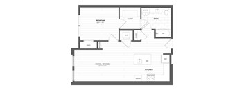 A floor plan of a house with a bedroom, bathroom, living room, dining room, kitchen, and pantry.