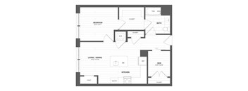 A floor plan of a house with a bedroom, living room, kitchen, pantry, bathroom, and den.