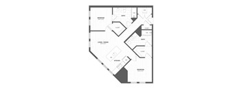 A black and white image of a house floor plan with a living room, dining room, kitchen, two bedrooms, and two bathrooms.