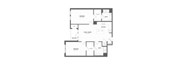 A floor plan of a house with two bedrooms, a living room, a kitchen, a bathroom, a balcony, and a tub.