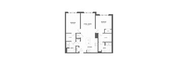 A floor plan of a house with two bedrooms, a living/dining area, a kitchen, two bathrooms, and a laundry room.