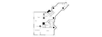 A black and white floor plan of a house with a foyer, living room, dining room, kitchen, laundry, bath, walk-in bath, and guest bedroom.