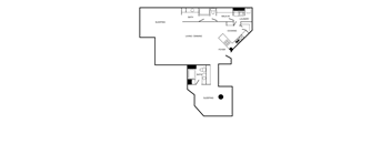 A floor plan of a house with a laundry room, kitchen, and sleeping area.