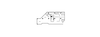 A floor plan of a house with a living room, dining room, kitchen, sleeping area, and two bathrooms.
