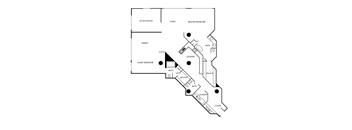 A floor plan of a house with a study office, dining area, guest bedroom, laundry, and foyer.