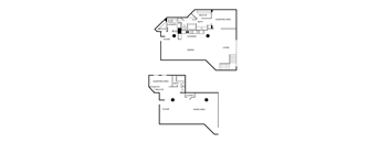 A floor plan of a two-story home with a living room, dining room, kitchen, sleeping area, bathroom, laundry, foyer, and work area.