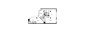 A floor plan of a house with a living room, dining room, kitchen, and two bathrooms.