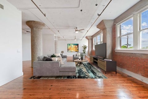 A living room with a grey couch and a rug.