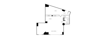 A black and white floor plan of a small apartment with a living room, dining room, kitchen, and bathroom.