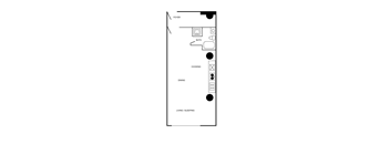 A floor plan of a house with labeled rooms such as foyer, bath, cooking, dining, and living/sleeping.