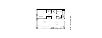 A floor plan of a unit with a kitchen, living room, and two bedrooms.