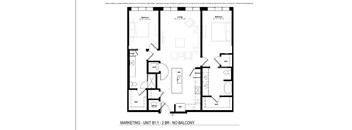A floor plan of a marketing unit with a kitchen, living room, and two bedrooms.