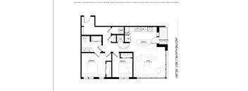 A floor plan of a unit with a kitchen, living room, and two bedrooms.