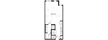 A floor plan of a bedroom with living room and a kitchen.