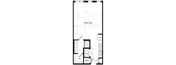 A floor plan of a bedroom and living room with a kitchen area.