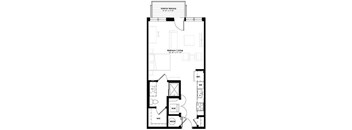 A floor plan of a house with a bedroom and living room.